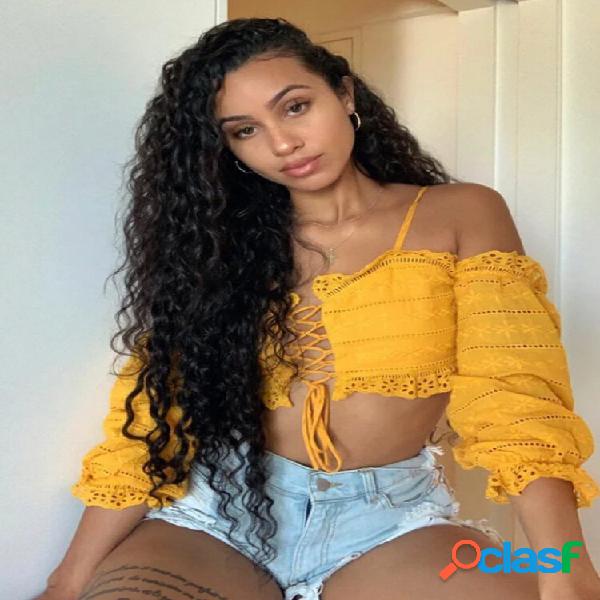 Natural Black Explosive Head Long Curly Cabelo Parte média
