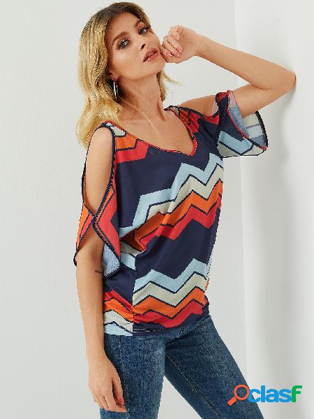 Navy Tie-up Design Random Striped Cold Shoulder Tee