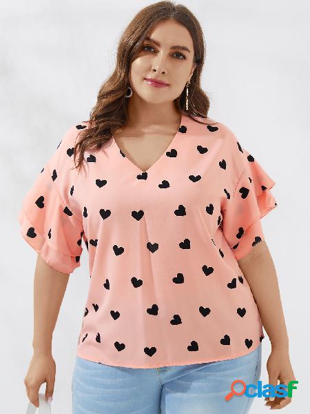Plus Tamanho Rosa Blusa de manga curta estampada com babado