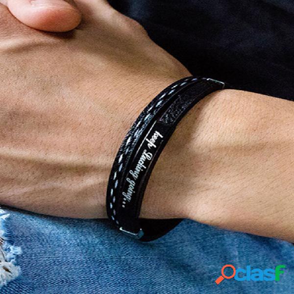 Pulseira masculina de couro casual com letras em aço