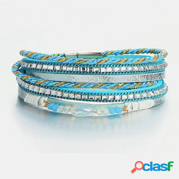 Pulseiras multicamadas Bohemian Contas de cristal trançadas