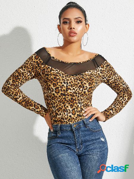 Top de mangas compridas YTOINS Mesh Patchwork Leopard Bateau