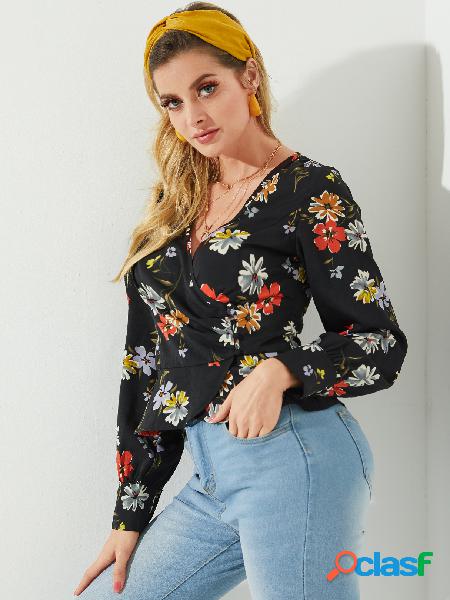 YOINS Black Wrap Design Aleatório floral mangas compridas