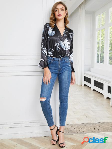 YOINS Black Wrap Design Blusa de mangas compridas floral