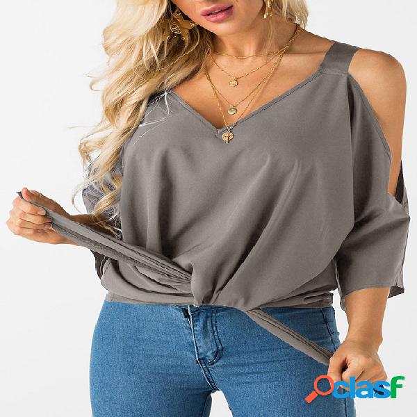YOINS Blusa Amarela Cinza Design Cold Shoulder