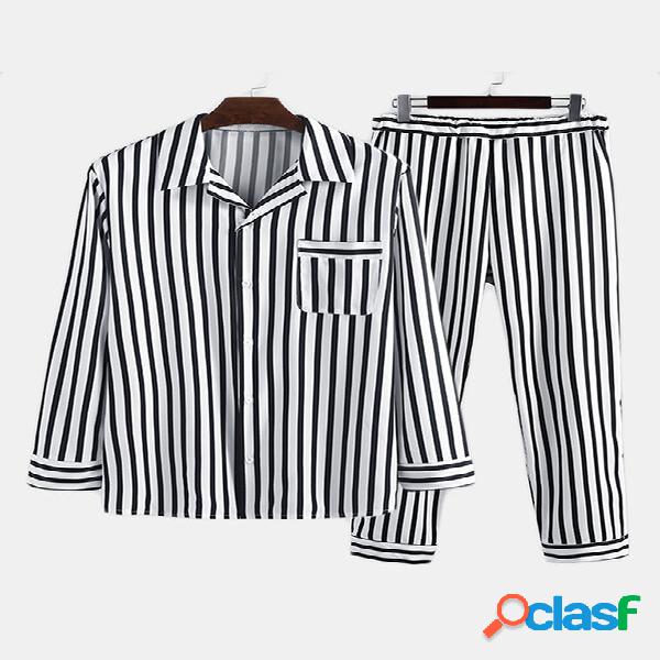 Conjunto de pijama listrado masculino Botões Loungewear de
