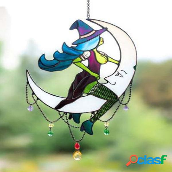 Suncatcher manchado de bruxa na lua silhueta janela vidro