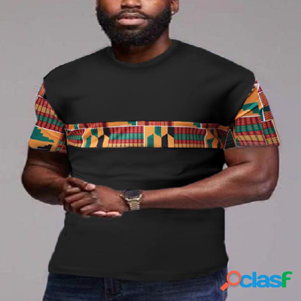 Camiseta masculina casual com estampa tribal em patchwork em