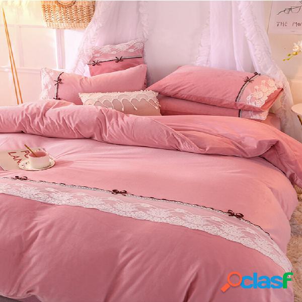 Conjunto de 4 peças de cor pura Crystal Velvet Lace Edge