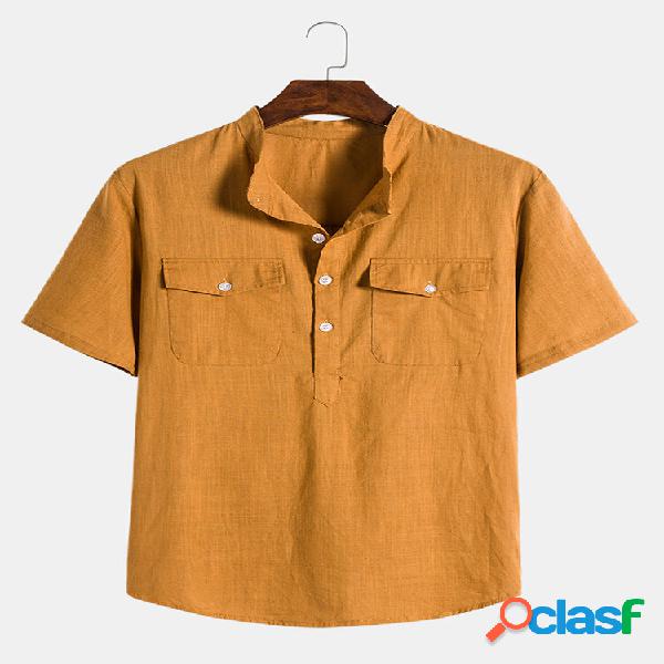 Mens Two Pockets Chest Casual Solid Collar Henley Shirts