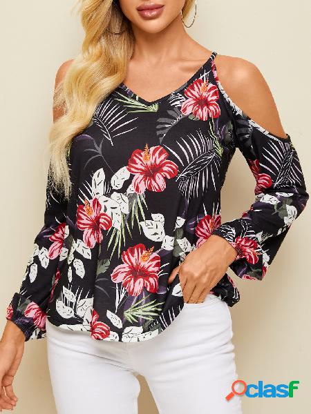 YOINS Blusa de manga comprida preta aleatória com estampa