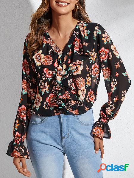 YOINS Blusa preta aleatória com estampa floral com decote