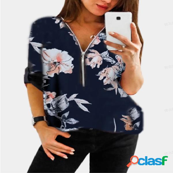 Zíper azul marinho com estampa floral aleatória Design