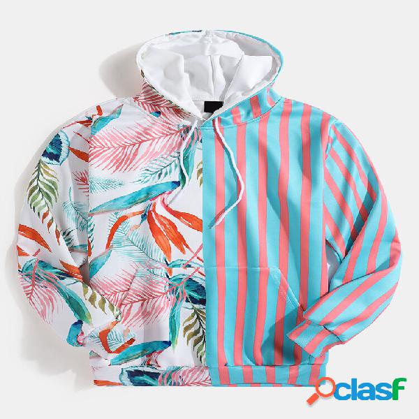 Mens Planta Folha & Stripe Print Casual Bolsa Bolso Hoodies