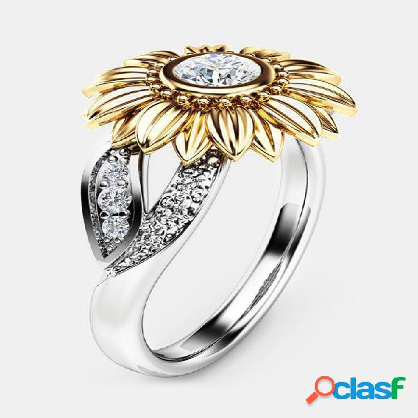 Anel Elegante Feminino de Óxido Platina Girassol Dourado