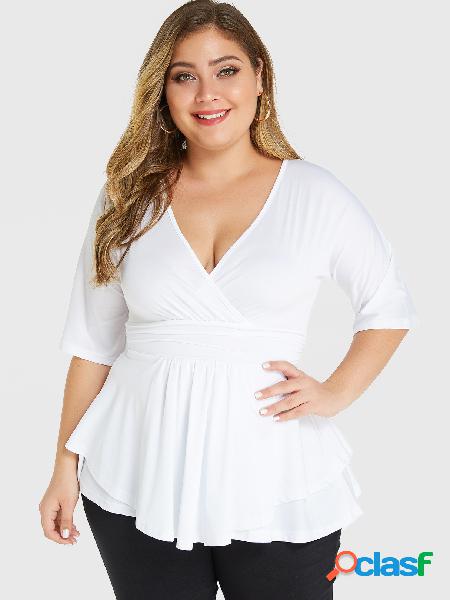 Blusa Plus Tamanho Branco Cruzado Frente Design Deep Decote