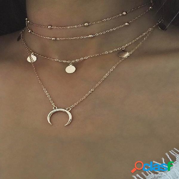 Colar de várias camadas Bohemian Moon redondo Pingente
