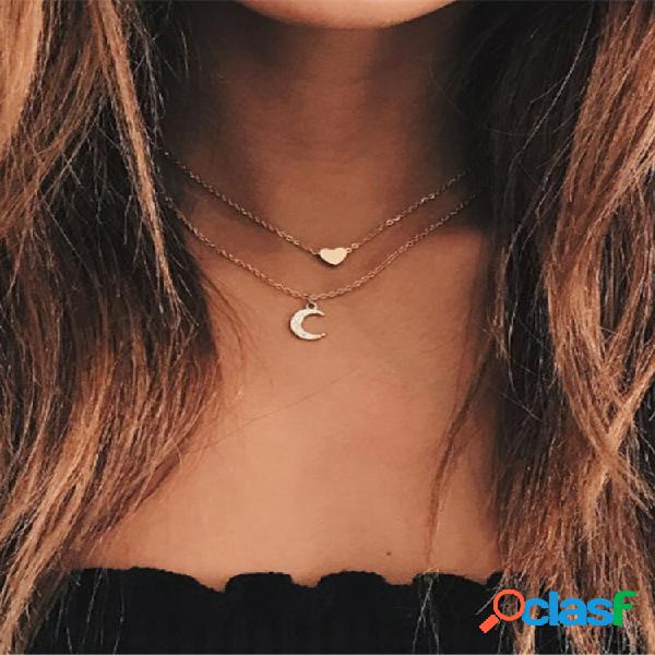 Colar moderno com várias camadas de ouro, lua, pêssego,