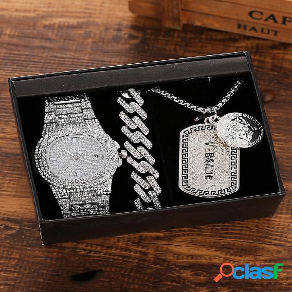 Conjunto de 3 peças masculinas Watch em aço de diamante