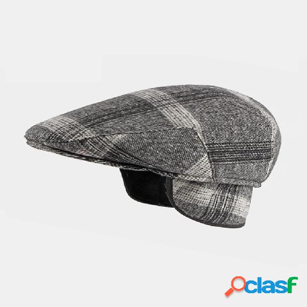 Men Felt Orelha Protection Keep Warm Plaid Padrão Casual