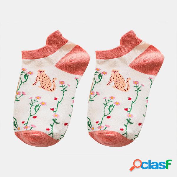 Mulheres Flower Cartoon Padrão Cute Algodão Orelha Meias