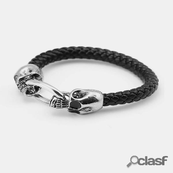Pulseiras punk Cuff crânios duplos Black Pulseira de couro