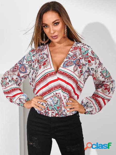 YOINS Blusa de mangas compridas envoltório estampado