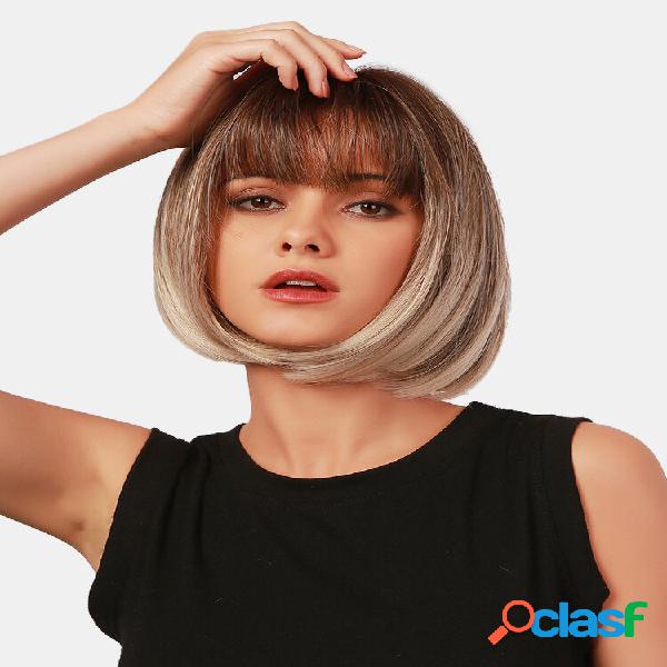 10 "Marrom Gradiente Castanho Claro Curto Reto Cabelo Franja