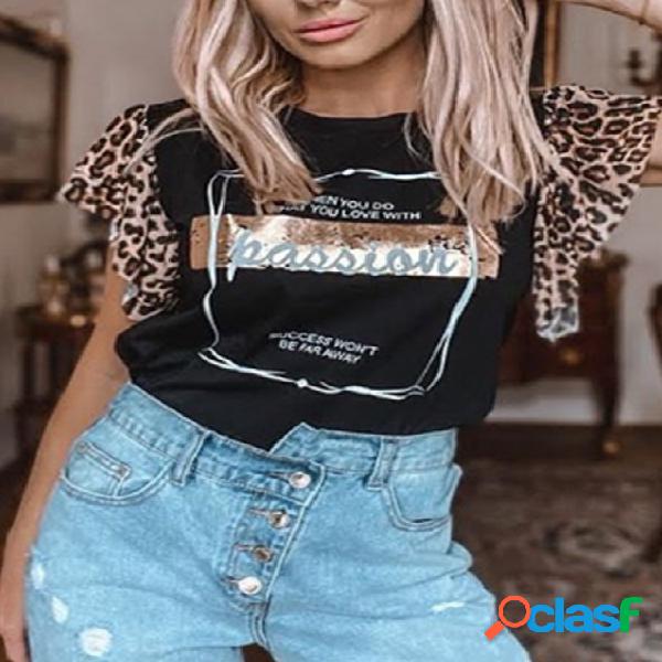 YOINS Camiseta com estampa em leopardo e letras em sino com