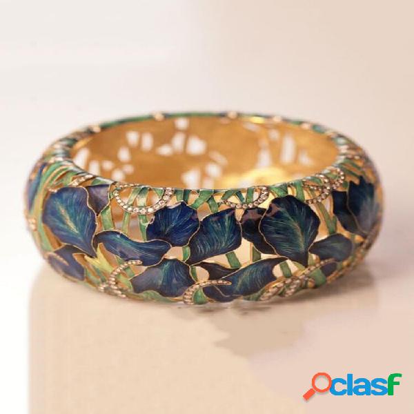 Diamante incrustado vintage feminino anel com flor pintada
