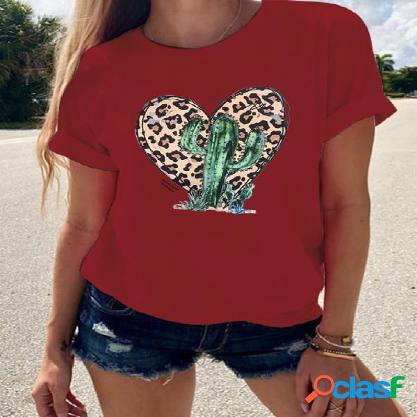 Leopard Coração Cactus Print Crew Neck mangas curtas Tee