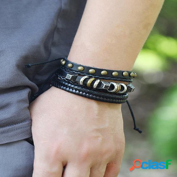 Conjunto de pulseira de couro tecido multicamadas com 10