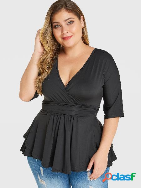 Blusa Plus Tamanho Black Crossed Front Design Deep Decote em