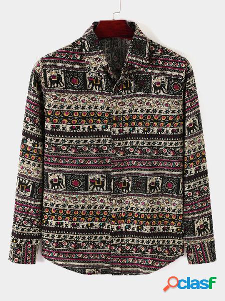 Camisa de manga comprida solta masculina casual estampada
