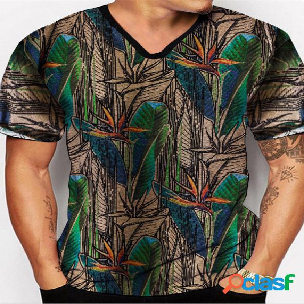 Camiseta masculina de verão retrô casual com decote em V