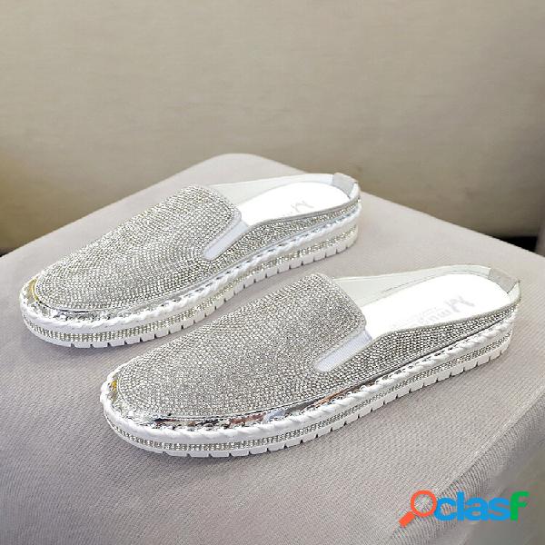 Chinelos femininos casuais strass confortáveis sem costas