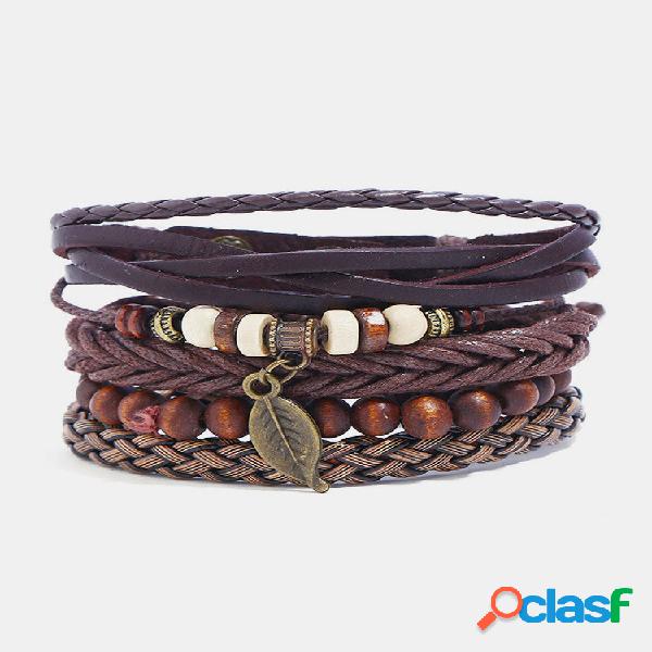 Conjunto de pulseiras vintage multicamadas de couro com