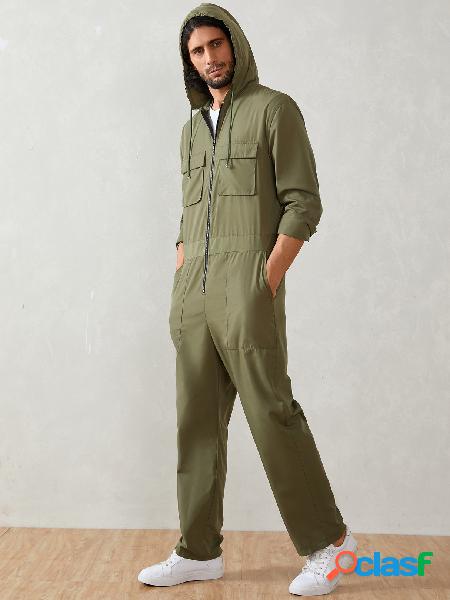 Macacão casual masculino com zíper frontal de manga