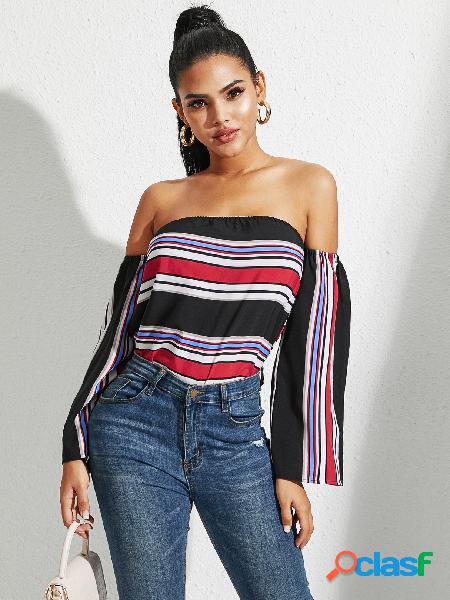 YOINS Multicolor listrado fora da camisa com mangas de ombro