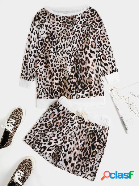 Leopardo em volta do pescoço mangas compridas roupa de duas
