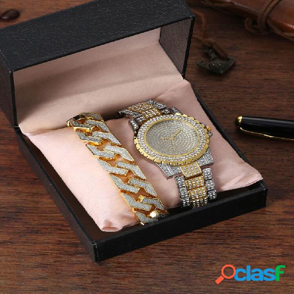 Luxo Full Diamond Dial Steel Banda Quartz Watch Set Metal