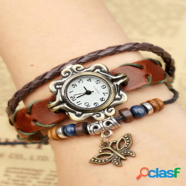 Quartzo multicamadas de couro vintage Watch Diamante