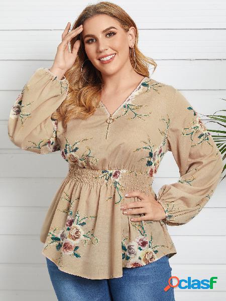 YOINS Plus Zíper estampado floral com decote em V Design