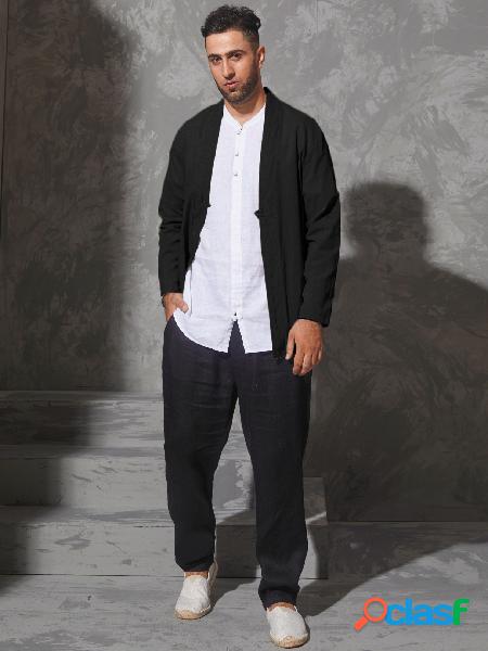 Casaco masculino casual liso preto Cardigan com botão na