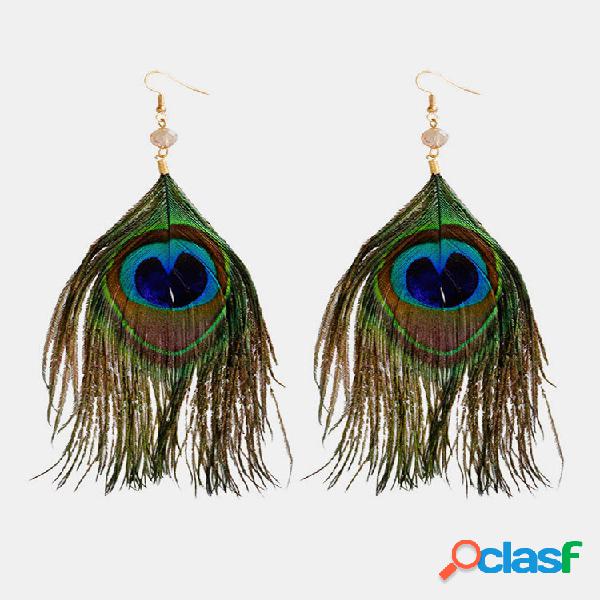 Mulheres Retro Brincos Pena Verde Pavão Brincos
