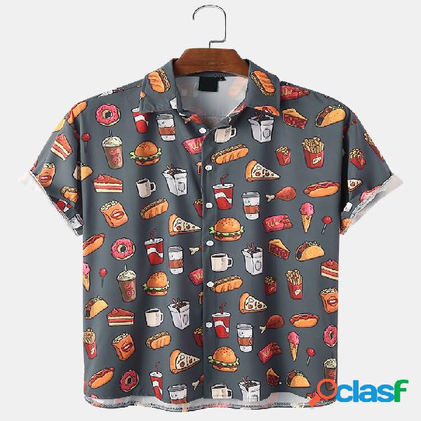 Camisas masculinas Allover Food Print lapela colarinho leve