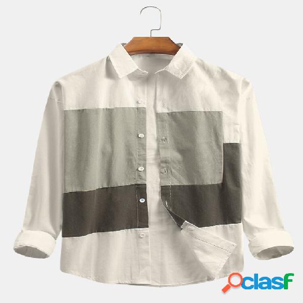 Masculino Color Block Patchwork Algodão Solto Camisas