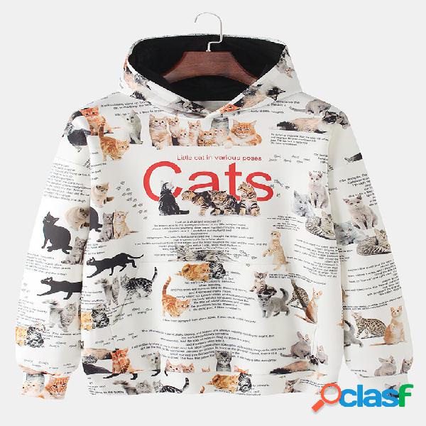 Mens Allover Cat Text Printing Casual Kangaroo Pocket