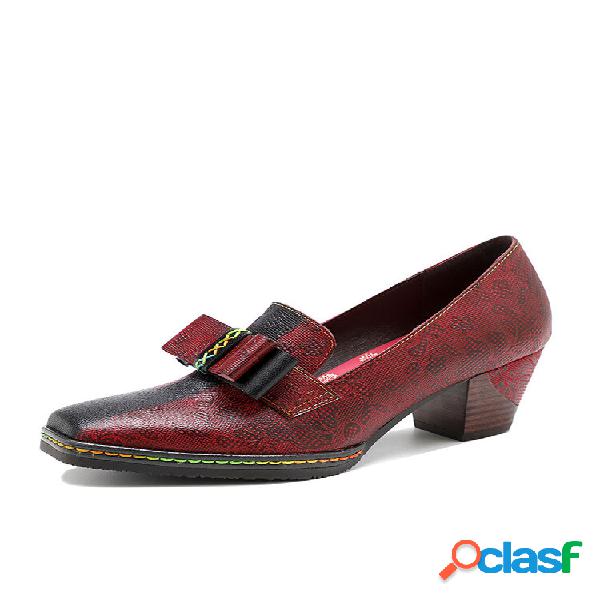 Socofy Retro Floral Print Elegant Bowknot Color Block Couro