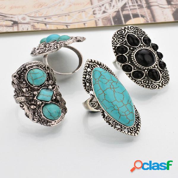 Bohemian Retro Blue Turquesa Anéis Sliver Mulheres